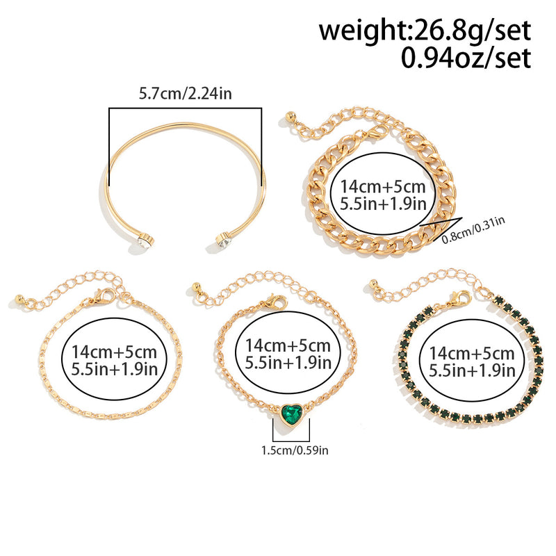 Simple Green Heart Charm Bracelet with Metal Chain